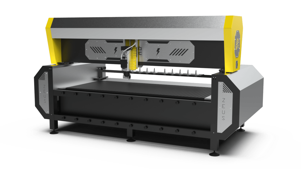  Pantografo CNC Zeus di LabMec, macchina altamente performante con struttura robusta e design giallo-nero, ideale per lavorazioni di precisione su legno, metalli, pietre e materiali compositi