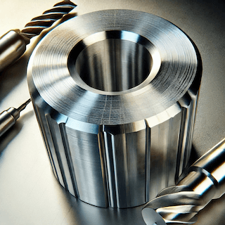 Cilindro metallico con difetti causati da vibrazioni nelle lavorazioni CNC, circondato da frese e punte da taglio. Focus su tecniche per ridurre vibrazioni e migliorare la precisione CNC.