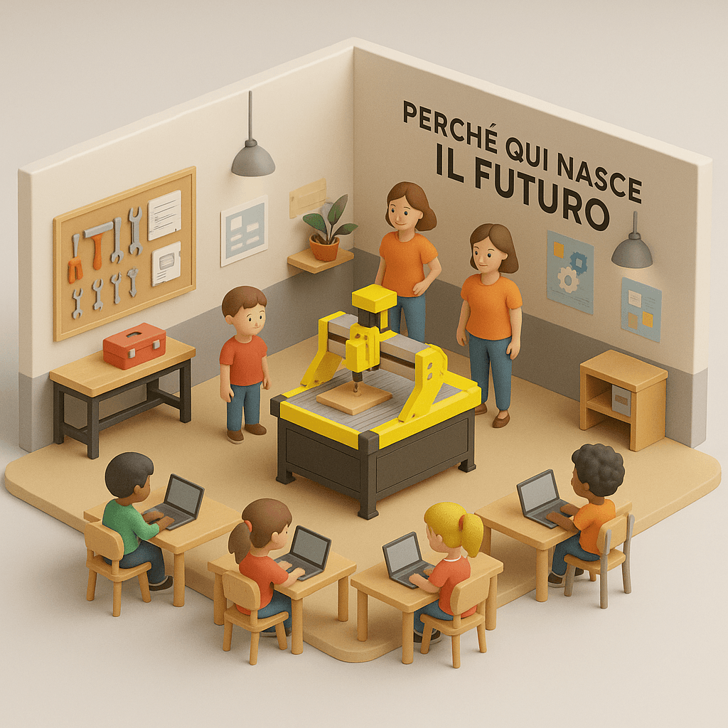 scuola con bambini e macchine CNC